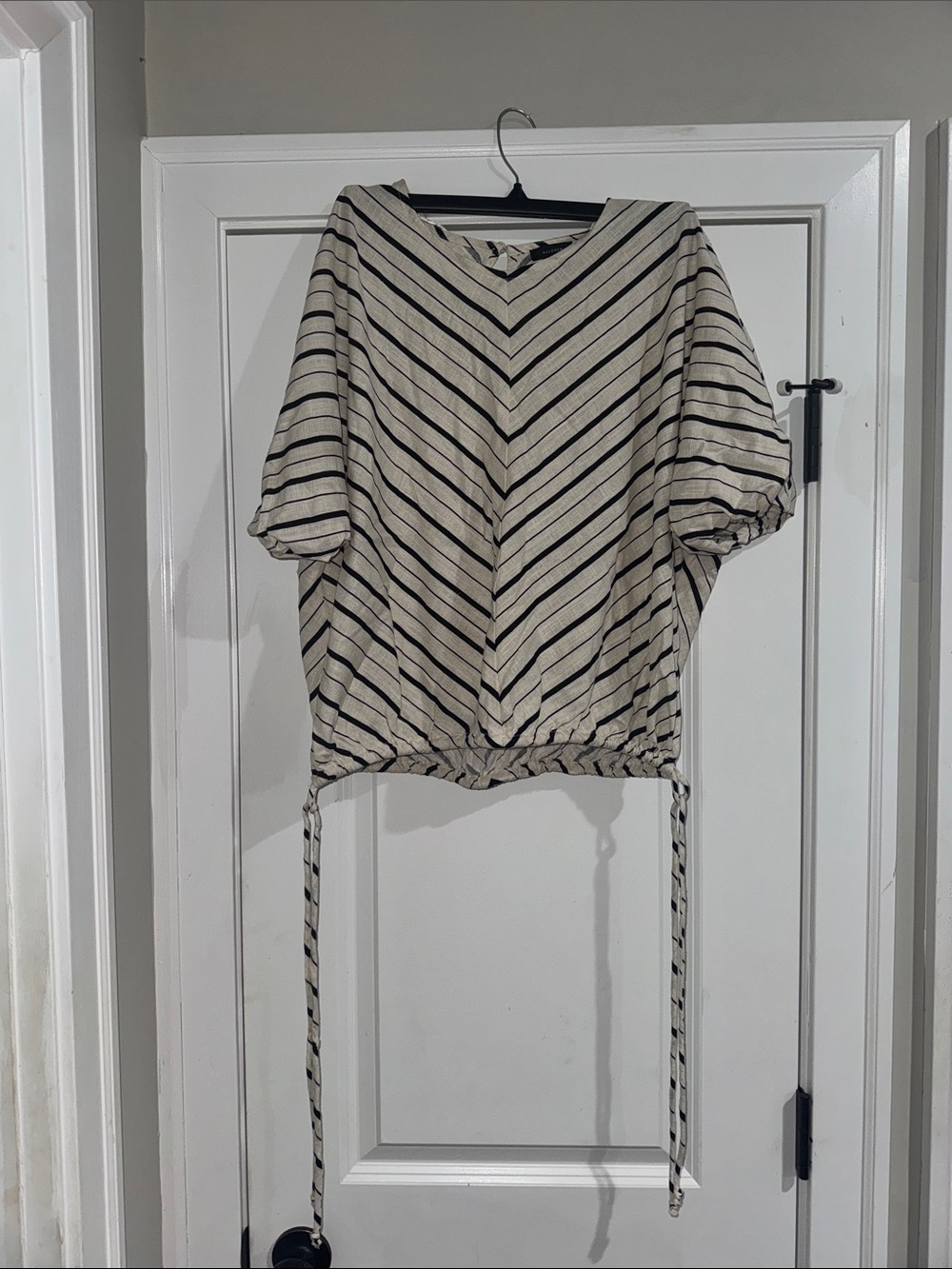 Halogen Cream and Black Chevron Drawstring V-Neck Blouse